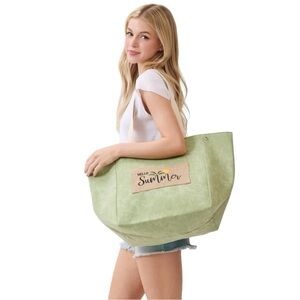 New 2 in 1 Green HELLO SUMMER Embroidered Palm Tree 22” Burlap Tote Beach Bag